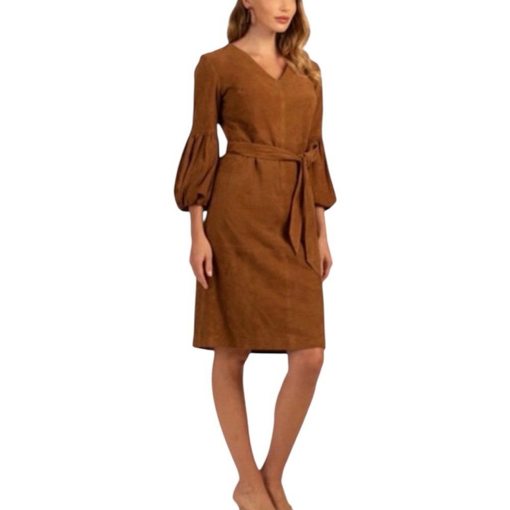 NWT  Trina Turk  the Priya dress in goat leather  cognac   size 8